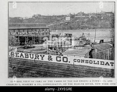 ALLGEMEINE ANSICHT EINES TEILS DER YARDS DES GASMOTORS UND DES ANTRIEBS. UND CHARLES L. SEABURY & CO., KONSOLIDIERT, AM HARLEM RIVER. NEW YORK CITY. Aus dem Artikel DIE SCHIFFBAUWERFTEN DER VEREINIGTEN STAATEN. Von Waldon Fawcett. Vom Engineering Magazine widmet sich Industrial Progress Band XIX 1900 The Engineering Magazine Co Stockfoto