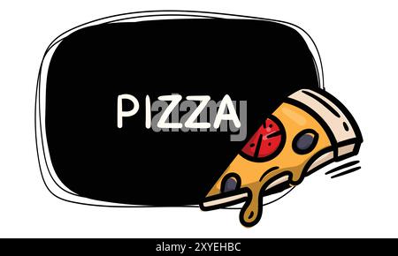 Schwarzes, handgezeichnetes Etikett mit einer Pizzascheibe. Vorlage für Preisschild, Etikett, Aufkleber. Menügestaltung für Café und Restaurant Stock Vektor