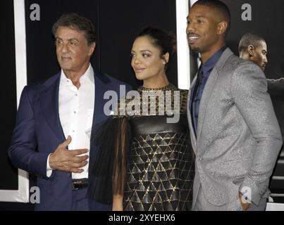 Tessa Thompson, Sylvester Stallone und Michael B. Jordan bei der Los Angeles-Premiere von „Creed“, die im Regency Village Theatre in Westwood, USA, stattfand Stockfoto