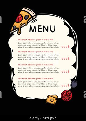 Schwarze Menüvorlage. Design für Pizzeria, Café, Restaurant. Abbildung von Pizza-Zutaten, Käse, Tomaten, Oliven Stock Vektor