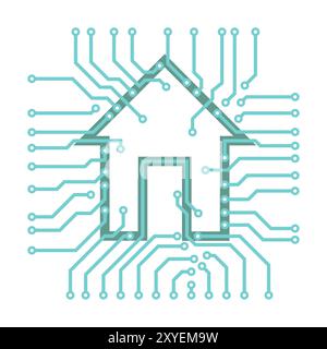 Konzeptionelle Darstellung von Leiterplattenschaltungen mit einem Häusensymbol auf weißem Hintergrund. Die Vektordarstellung ist auf der Registerkarte Re verfügbar Stockfoto