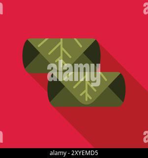 Minimalistische Illustration mit zwei Frühlingsrollen, die in grüne Blätter gewickelt sind und einen langen Schatten auf einem leuchtend roten Hintergrund werfen Stock Vektor