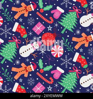 Preppy Christmas Seamless Pattern mit Bögen und Bändern mit Weihnachtsbaum, Ornamenten, Lebkuchen, Schneemann und Weihnachtsbonbons auf marineblauem bac Stock Vektor