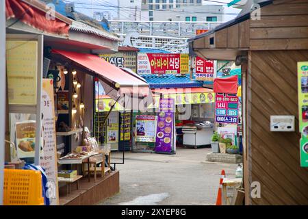 Sokcho, Korea, Markt, Straßenmarkt, Imbissstände, lokale Küche, traditionelles Essen, lebhaft, Sokcho Markt, Abai Village, Sokcho Street, koreanische Kultur, Stockfoto