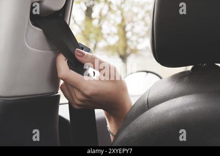 Die Hand einer Frau greift hinter ihren Sicherheitsgurt, um ihn anzulegen. Das Konzept des sicheren Fahrens von Frauen mit dem Auto Stockfoto