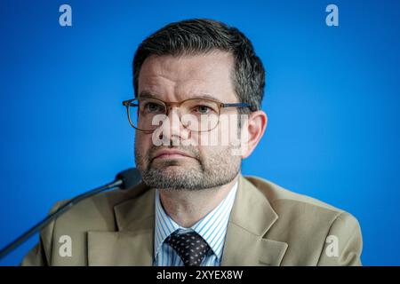 Berlin, Deutschland. August 2024. Bundesjustizminister Marco Buschmann (FDP) präsentiert nach dem Messerangriff in Solingen ein Sicherheitspaket. Quelle: Kay Nietfeld/dpa/Alamy Live News Stockfoto