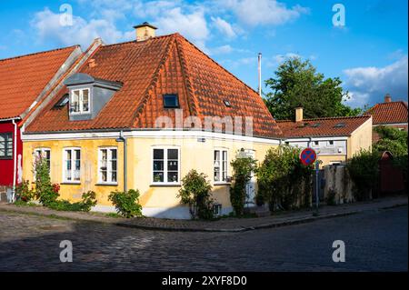 Praesto, Seeland, Dänemark, 22. Juli 2024 - bunte Häuser am Urlaubshafen Stockfoto