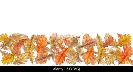 Nahtloser Rand aus farbenfrohen orange, braunen Eichenblättern und Eicheln. Handgezeichnete botanische Illustration mit Aquarell. Textur des natürlichen Laubs, acor Stockfoto