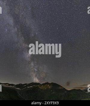 Nächtlicher Sternenhimmel über dem Furka-Pass in den Schweizer Alpen. Das Nachtfoto zeigt die Sterne der Milchstraße und Sternschnuppen. Obergoms, Wallis Stockfoto