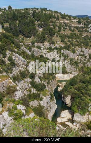 Blick auf den Canyon des Anapo-Tals mit Fluss im Naturschutzgebiet Pantalica, Siracusa, Sizilien, Italien Stockfoto