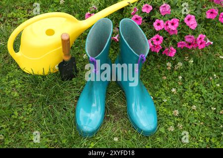 Gummistiefel, Gartengeräte und Petunienblüten auf grünem Gras im Freien Stockfoto