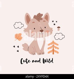 Wolf zwischen Herbstblättern, Pilzen und Beeren. Poster für das Kinderzimmer. Text Herbst ist da Stock Vektor