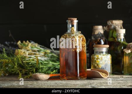 Verschiedene Tinkturen in Flaschen und Kräuter auf Holztisch Stockfoto