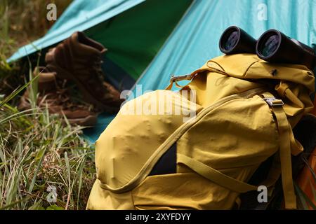 Zelt, Rucksack, Fernglas und Schuhe auf grünem Gras im Freien Stockfoto