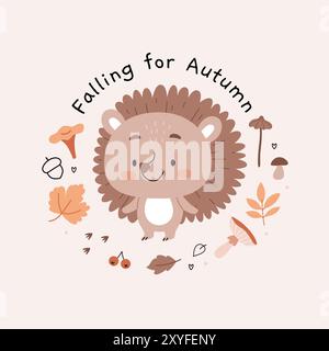 Igel zwischen Herbstblättern, Pilzen und Beeren. Poster für das Kinderzimmer. Text fällt auf den Herbst. Stock Vektor