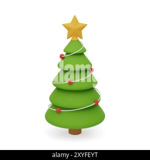 3D-Vektor-grüner Weihnachtsbaum mit gelbem Stern oben. Der Baum ist mit roten Kugeln dekoriert. Weihnachtliches dekoratives Element isoliert auf weißem Hintergrund Stock Vektor