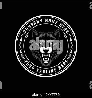 Vintage Retro Hand Gezeichnet Roaring Angry Wolf Hund Kopf Abzeichen Emblem Label Design Vektor Stock Vektor