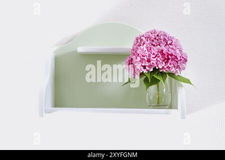 Wunderschöne Hortensie Blumen in Glasvase auf dem grünen Regal Stockfoto