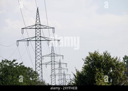 Strommast und Hochspannungsleitungen vor klarem Himmel , Deutschland, 29.08.2024, eine Nahaufnahme eines Strommasts mit Hochspannungsleitungen, die sich vor einem klaren, blauen Himmel abzeichnen. Das Bild symbolisiert Energieversorgung und moderne Infrastruktur. *** Strommast und Hochspannungsleitungen vor klarem Himmel, Deutschland, 29 08 2024, Nahaufnahme eines Strommasts mit Hochspannungsleitungen vor klarem blauem Himmel das Bild symbolisiert Energieversorgung und moderne Infrastruktur Stockfoto