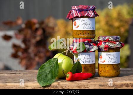 Uk. Hausgemachtes würziges Apfelchutney in Glasgläsern, beschriftet und mit einer Stoffauflage versehen. Hergestellt mit saisonalen hausgemachten Äpfeln Stockfoto