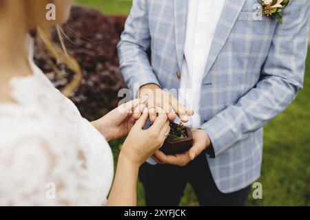 Braut legt Ehering auf den Finger des Bräutigams. Boutonniere. Unscharfer Hintergrund. Stockfoto