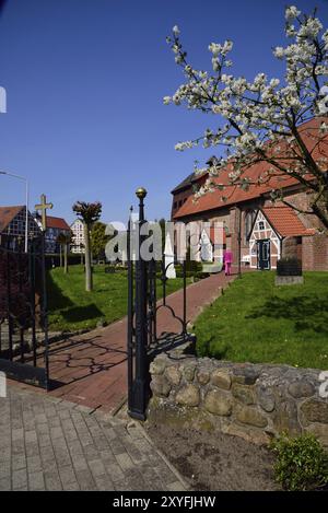 Europa, Deutschland, Niedersachsen, altes Land bei Hamburg, Mittelkirchen an der Luehe, Bartholomäuskirche, Baumblüte, Hamburg, Hamburg, Bundesrepublik Stockfoto