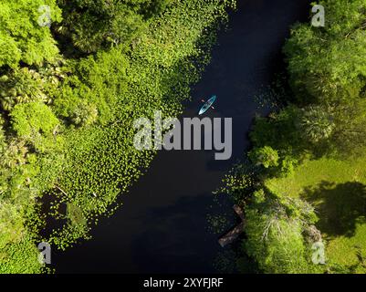 Wekiva River, Apopka, Florida, USA. Von oben aus der Luft auf dem man Kajak im Fluss. April 2022. Stockfoto