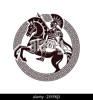 Retro Vintage griechischer Sparta spartanischer Reiter Ritter Krieger mit Münze Ornament Form, Illustration Design Vektor Stock Vektor