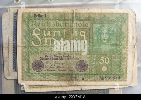 Historische Banknote, ReichsBanknote, 50 Mark von 1919, Deutsches Reich, Weimarer Republik, Deutschland, Europa Stockfoto