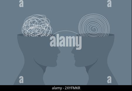 Menschliche Silhouetten, die einander gegenüberstehen, mit verworrenen und unverworrenen Kugeln im Kopf. Illustration des flachen Vektors Stock Vektor