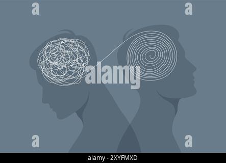 Männliche Silhouetten von hinten an hinten mit verworrenen und unverworrenen Kugeln im Kopf. Illustration des flachen Vektors Stock Vektor