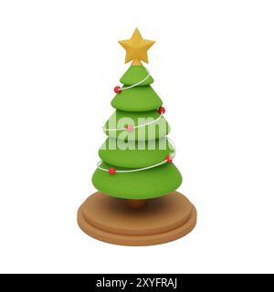 3d süße Weihnachtskiefer auf einem Podium. Neujahrsbaum mit roten Kugeln und goldenem Stern oben, isoliert auf weißem Hintergrund. 3D gerenderte Chri Stock Vektor