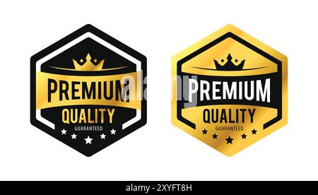 Premium-Qualität Gold Vektor Sechskant. Goldenes Etikett mit Sternen und Krone isoliert auf weißem Hintergrund. Für Symbol, Logo, Etikett, insigna, Siegel, Tag, Zeichen Stock Vektor