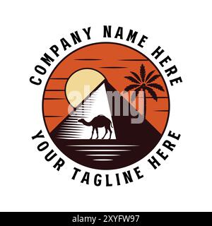 Kreisförmiger Sonnenuntergang nahe Osten Wüste mit ägyptischer Pyramide Palme Datum und Walking Kamel Illustration Vektor Stock Vektor
