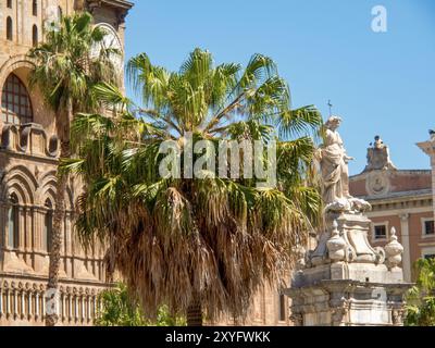 Große Palme und Statue stehen vor einem historischen Gebäude, beleuchtet von der hellen Sonne unter einem blauen Himmel, palermo, sizilien, mittelmeer, Stockfoto