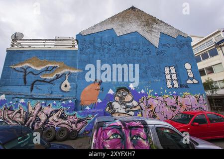 REYKJAVIK, ISLAND, JULI 06: Street Art mit farbenfrohen Wandmalereien an den Außenwänden von Gebäuden am 06. Juli 2013 in Reykjavik, Island Stockfoto