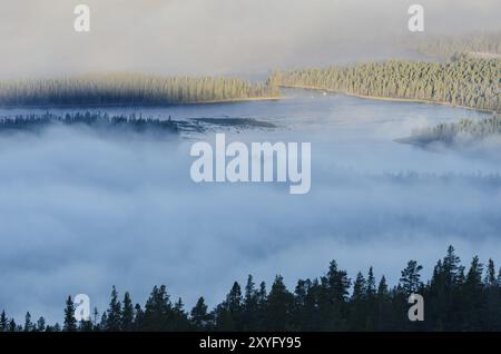 Morgennebel am See Galtsjoen, Engerdalsfjellet, Hedmark Fylke, Norwegen, Oktober 2011, Europa Stockfoto