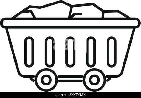 Bergbauwagen mit Steinen im Umrissstil isoliert auf weißem Hintergrund Stock Vektor