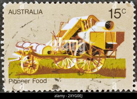 Von Australien gedruckte Briefmarke, die Pioneer Food zeigt, um 1972. Stockfoto