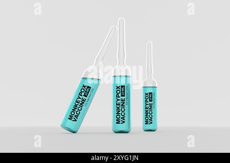 Affenpocken-Impfstoff MPOX Ampules auf weißem Hintergrund - 3D Illustration Render Stockfoto