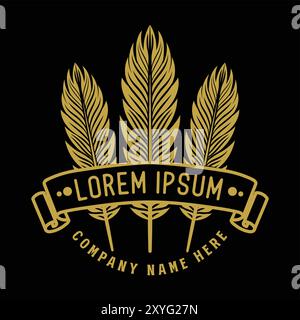 Elegante luxuriöse goldene Vintage-Feder im Retro-Look mit Ribbon-Emblem. Vektorabbildung Stock Vektor