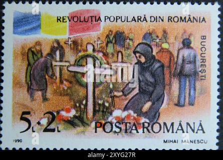 ISTANBUL, TÜRKEI - 17. APRIL 2021: Rumänische Briefmarke zeigt Dezember 1989 Revolution, Friedhof, Bukarest um 1990 Stockfoto