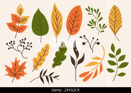 Set aus verschiedenen Herbstblättern und Zweigen auf Doodle-Stil isoliert auf weißem Hintergrund. Minimales handgezeichnetes Design-Element-Sortiment Stock Vektor