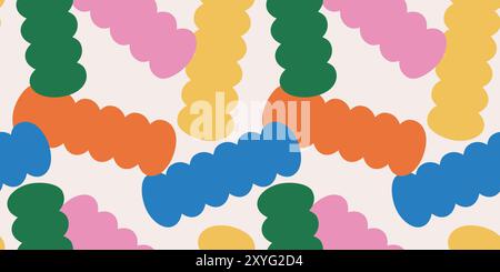 Lustiges, verspieltes nahtloses Muster mit farbenfrohen Cartoon-Formen oder Konfetti auf beigefarbenem Hintergrund. Kindliche, festliche abstrakte Kulisse Stock Vektor