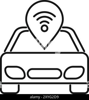 Einfaches Zeilensymbol eines wlan-Symbols innerhalb einer Pin über einem Auto, das das gemeinsame Mitmachen von Autos darstellt Stock Vektor