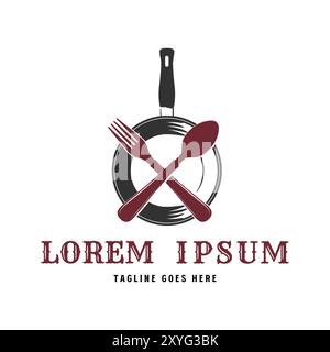 Vintage Retro Pfanne mit gekreuztem Löffel und Gabel für Food Catering Restaurant Vektor Illustration Stock Vektor