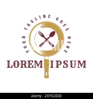 Vintage Retro Pfanne mit gekreuztem Löffel und Gabel für Food Catering Restaurant Vektor Illustration Stock Vektor