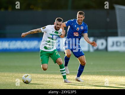 Die New Saints' Leo Smith und Panevezys' Jovan Cadenovic (rechts) kämpfen um den Ball während der Play-off-Runde der UEFA Conference League, dem zweiten Legspiel im Park Hall Stadium, Oswestry. Bilddatum: Donnerstag, 29. August 2024. Stockfoto