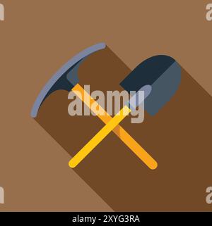 Schaufel und Spitzhacke mit langem Schatten liegen auf braunem Hintergrund Stock Vektor