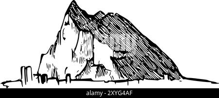 Handgezeichneter Strichstift-Illustration des ikonischen Felsens von Gibraltar, akribisch in ein Vektorformat umgewandelt. Perfekt für Logos, Editorial und Print. Stock Vektor